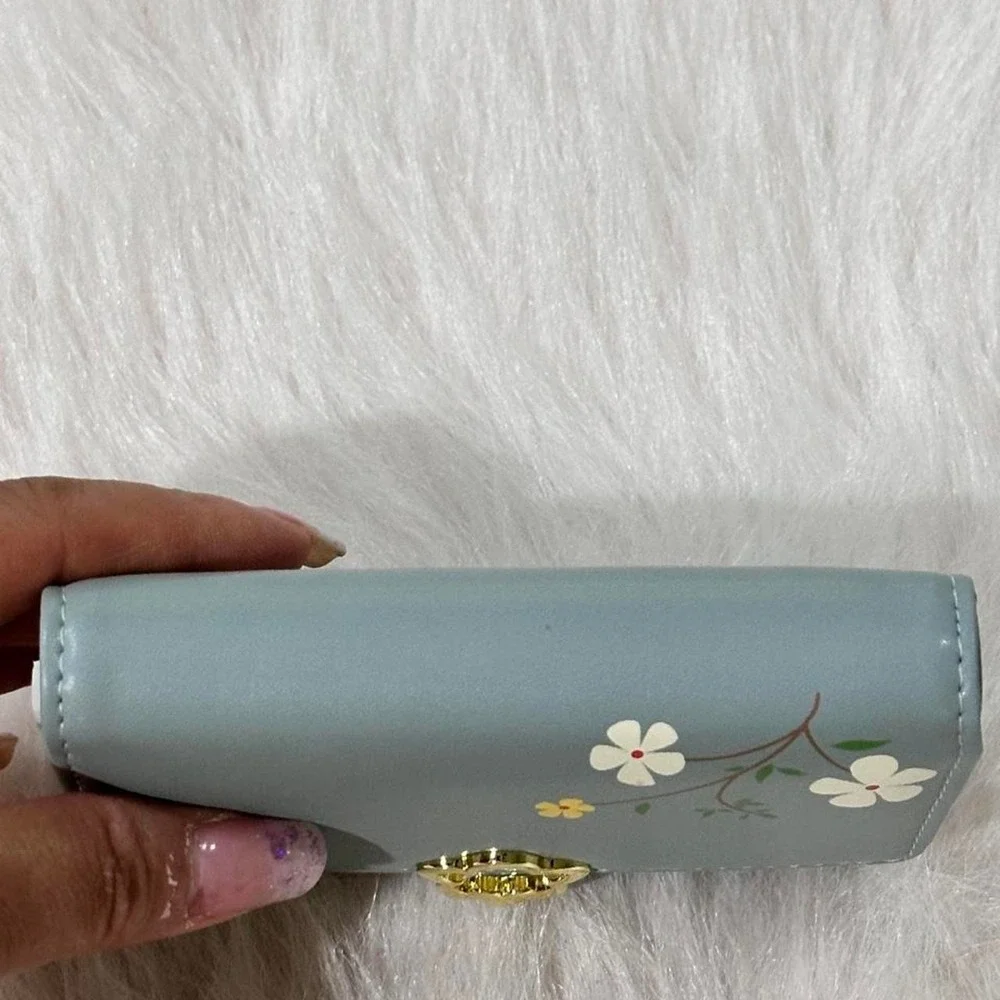 Small Trifold Wallet Dusty Blue Floral Gold Flower Clasp Zip Pocket